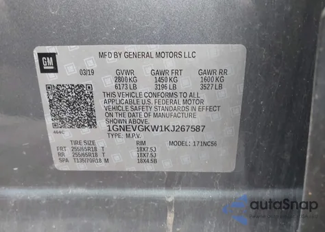 2019 Chevrolet Traverse 1Lt from USA, damaged, VIN 1GNEVGKW1KJ267587